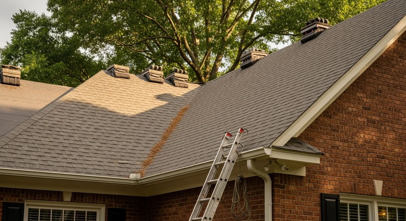 Roofer installing shingles on residential home in Raleigh NC