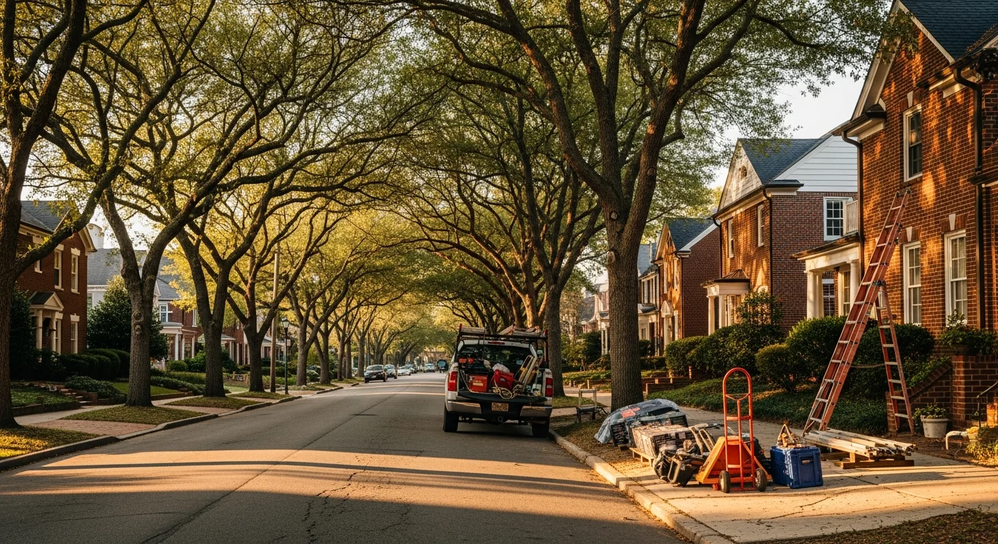 Raleigh residential street with brick homes and mature trees near downtown area.