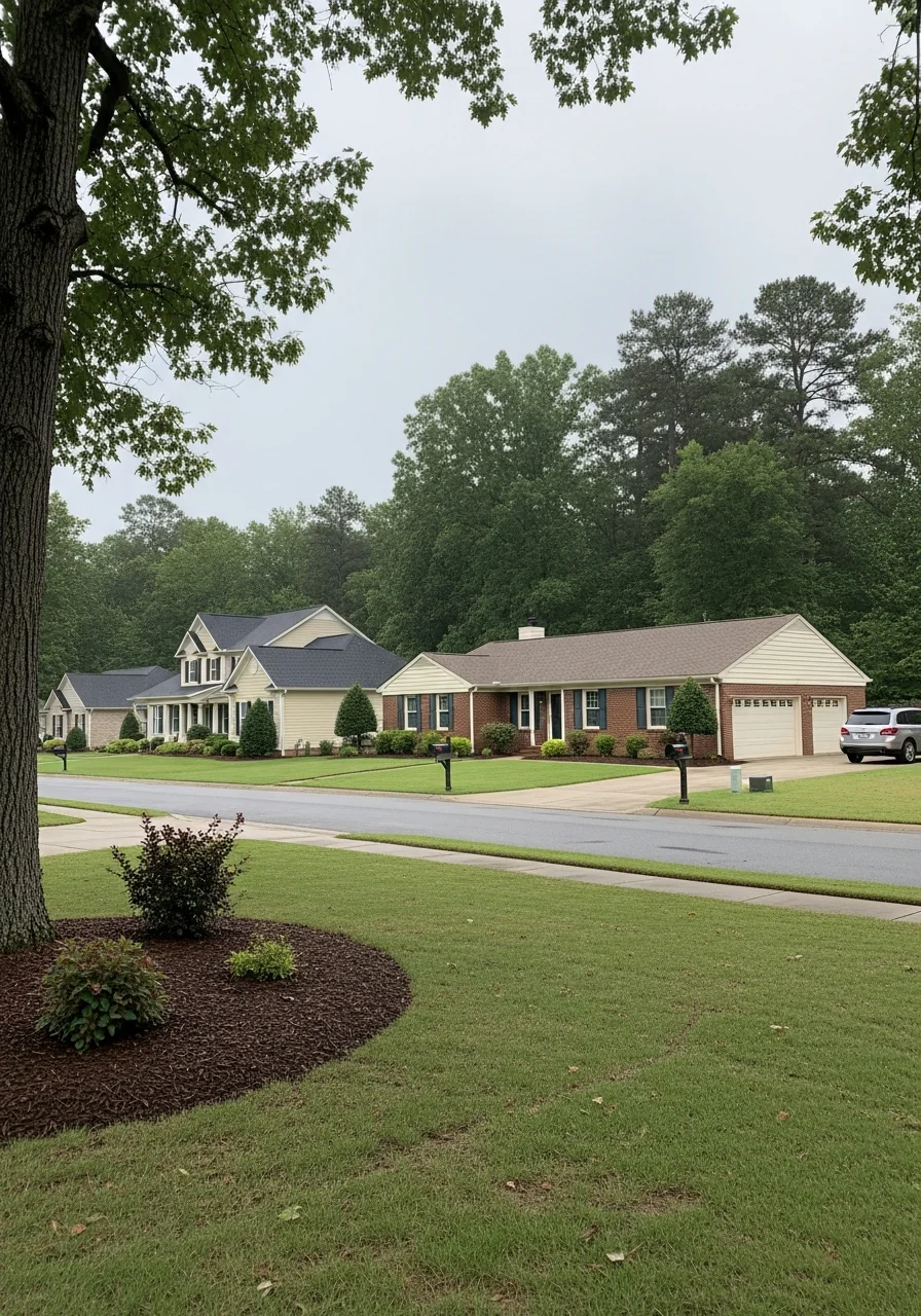 Residential neighborhood in Wake County showing diverse home styles and landscaping.