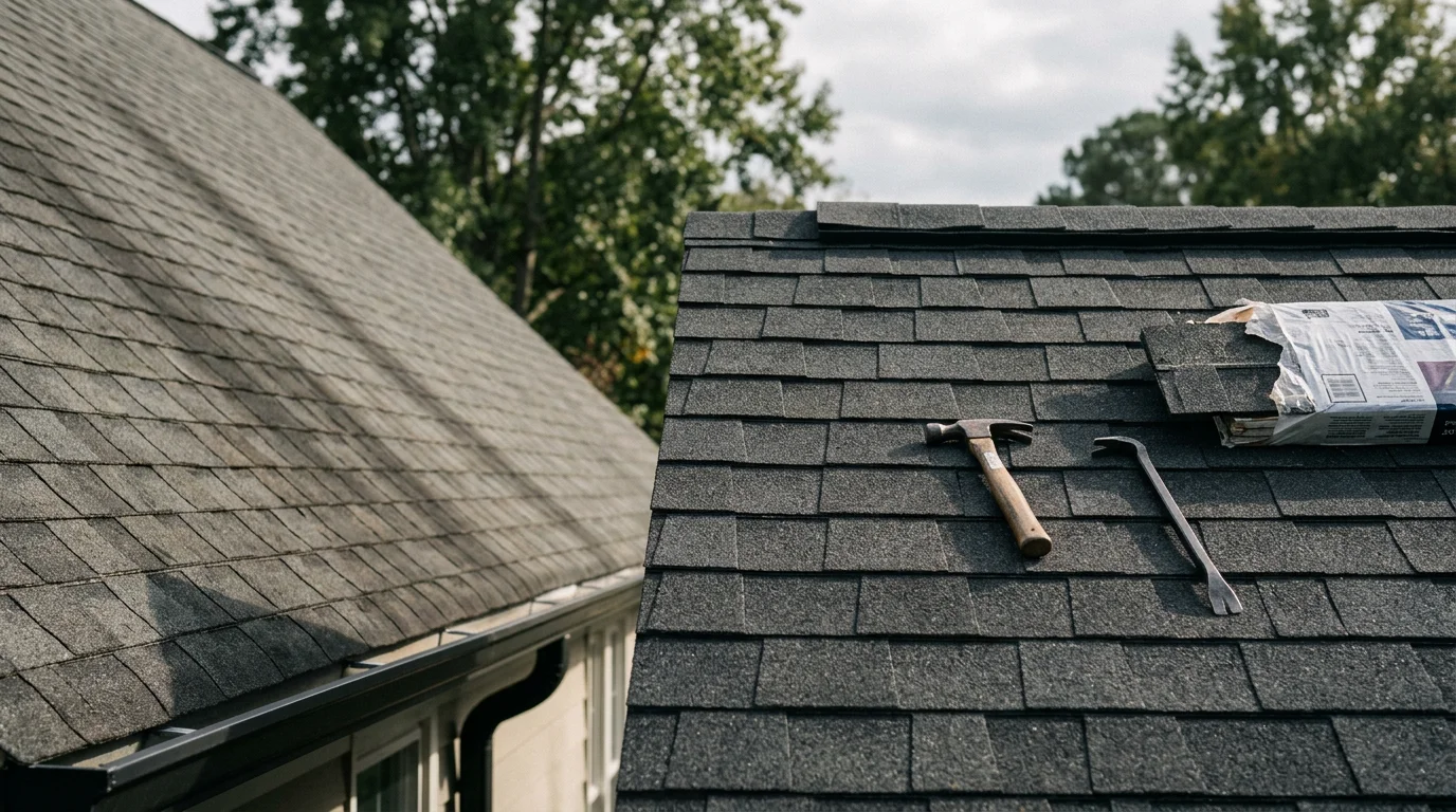 A freshly installed asphalt shingle roof on a residential home in Raleigh, NC, showing clean ridge lines and uniform shingle coverage. The home sits in a typical Triangle-area neighborhood with mature trees visible in the background.