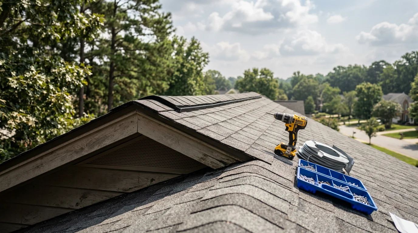 A roofing contractor installing a ridge vent along the peak of a residential roof in Raleigh, NC. The home shows a standard asphalt shingle roof with soffit vents visible along the eaves.