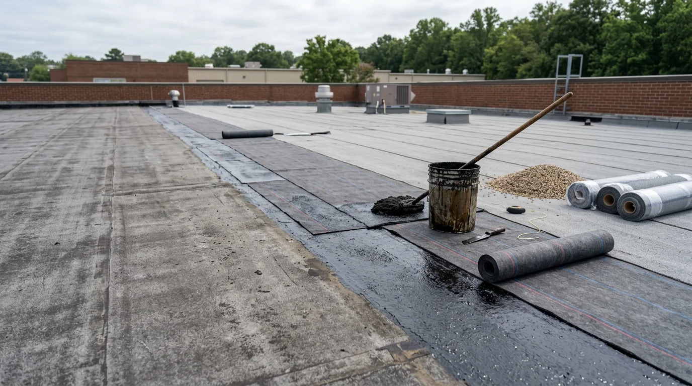 A completed built-up roofing system on a flat commercial roof in Raleigh, NC, showing a uniform gravel-surfaced membrane with clean flashing along the parapet walls.