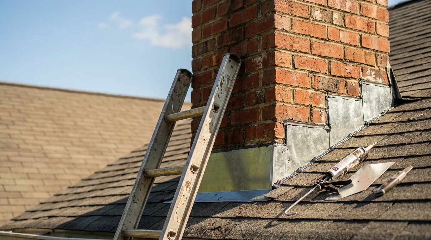Close-up view of repaired chimney flashing where a brick chimney meets a shingled roof on a residential home in Raleigh, NC. The metal flashing is sealed flush against the chimney base with no visible gaps or rust.
