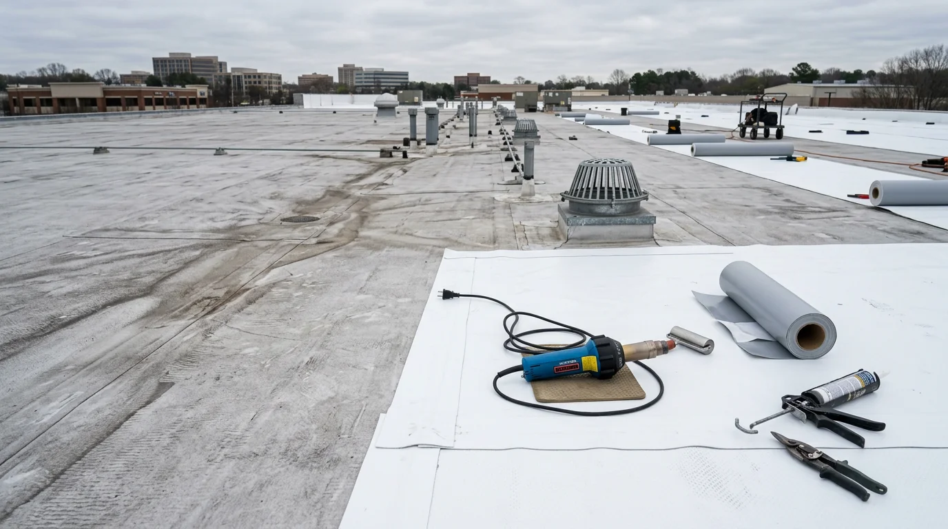 Commercial flat roof on a low-slope office building in Raleigh, NC showing a light-colored membrane surface with rooftop HVAC equipment and clean drainage details. A roofing contractor inspects the seams and perimeter flashing on a clear day.
