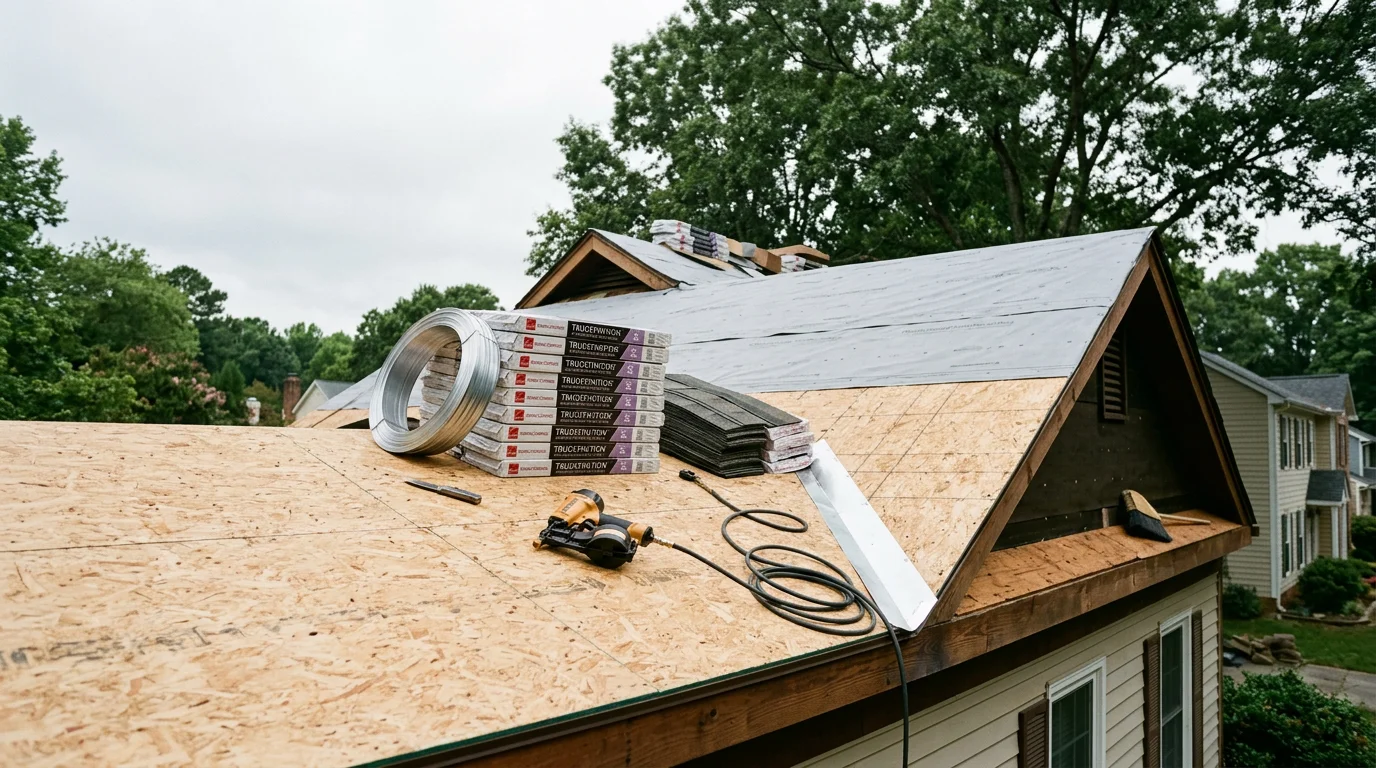 A completed residential roof replacement on a two-story home in Raleigh, NC, showing new roofing installed across a steep-slope gable roof with clean ridge lines and updated flashing details. The surrounding neighborhood reflects the mix of established suburban homes common across the Triangle area.