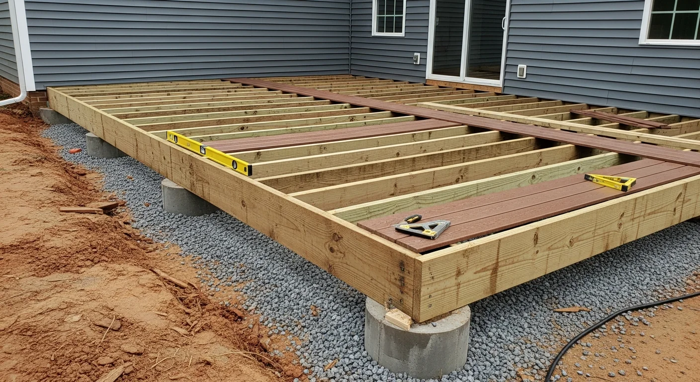 A newly installed wood deck attached to the back of a single-family home in Raleigh, NC, with clean framing, level decking boards, and a code-compliant railing system. The yard shows a slight slope, with the raised deck structure supported by concrete footings set into the ground.