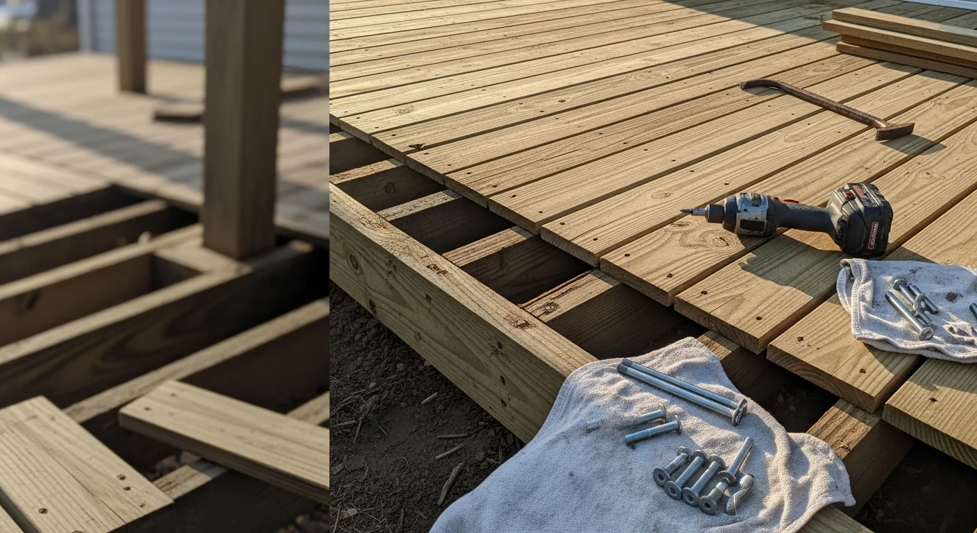 A repaired backyard deck in Raleigh, NC showing replaced surface boards and reinforced wood railings on a residential home. Close-up view shows fresh lumber set flush with existing deck planks after rot removal and board replacement.