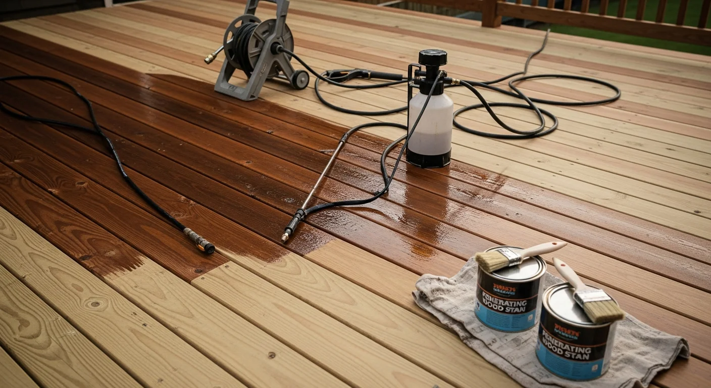 A freshly stained wood deck on a Raleigh, NC home showing even finish coverage and clean board edges. The deck surface shows rich wood grain color after professional staining and finishing by Roof Puppy LLC.
