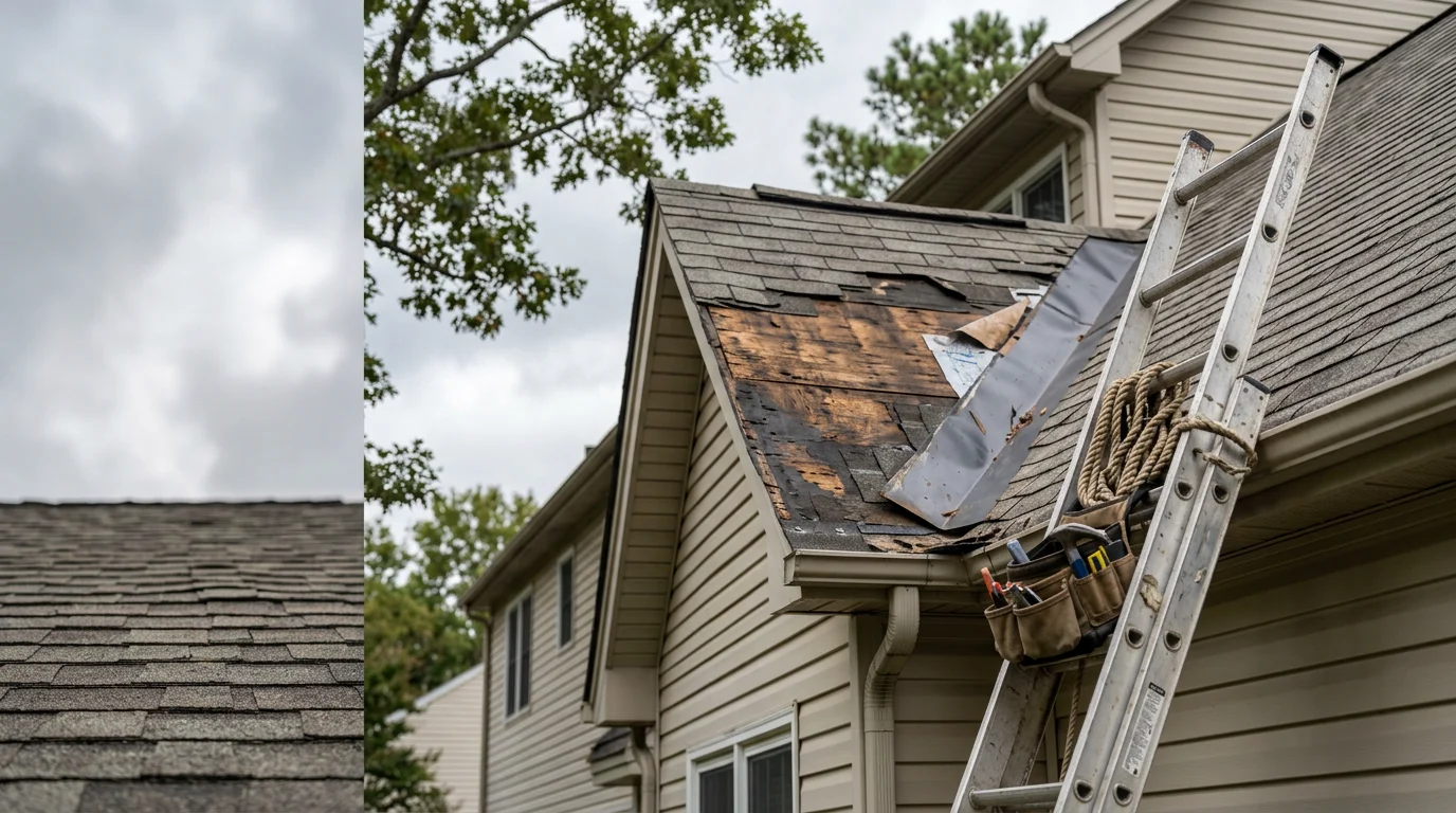 A Raleigh, NC home with visible storm damage showing missing shingles and exposed roof decking after a severe thunderstorm. A roofing contractor from Roof Puppy LLC inspects the damaged area from a ladder during an emergency roof repair visit.