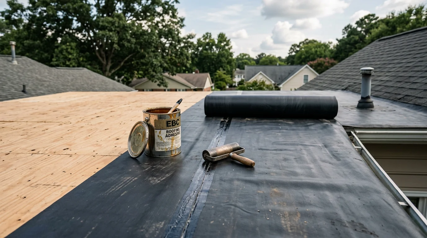 A completed EPDM rubber membrane installation on a flat residential addition roof in Raleigh, NC, showing smooth black membrane with clean seam and flashing detail at the roof edge.