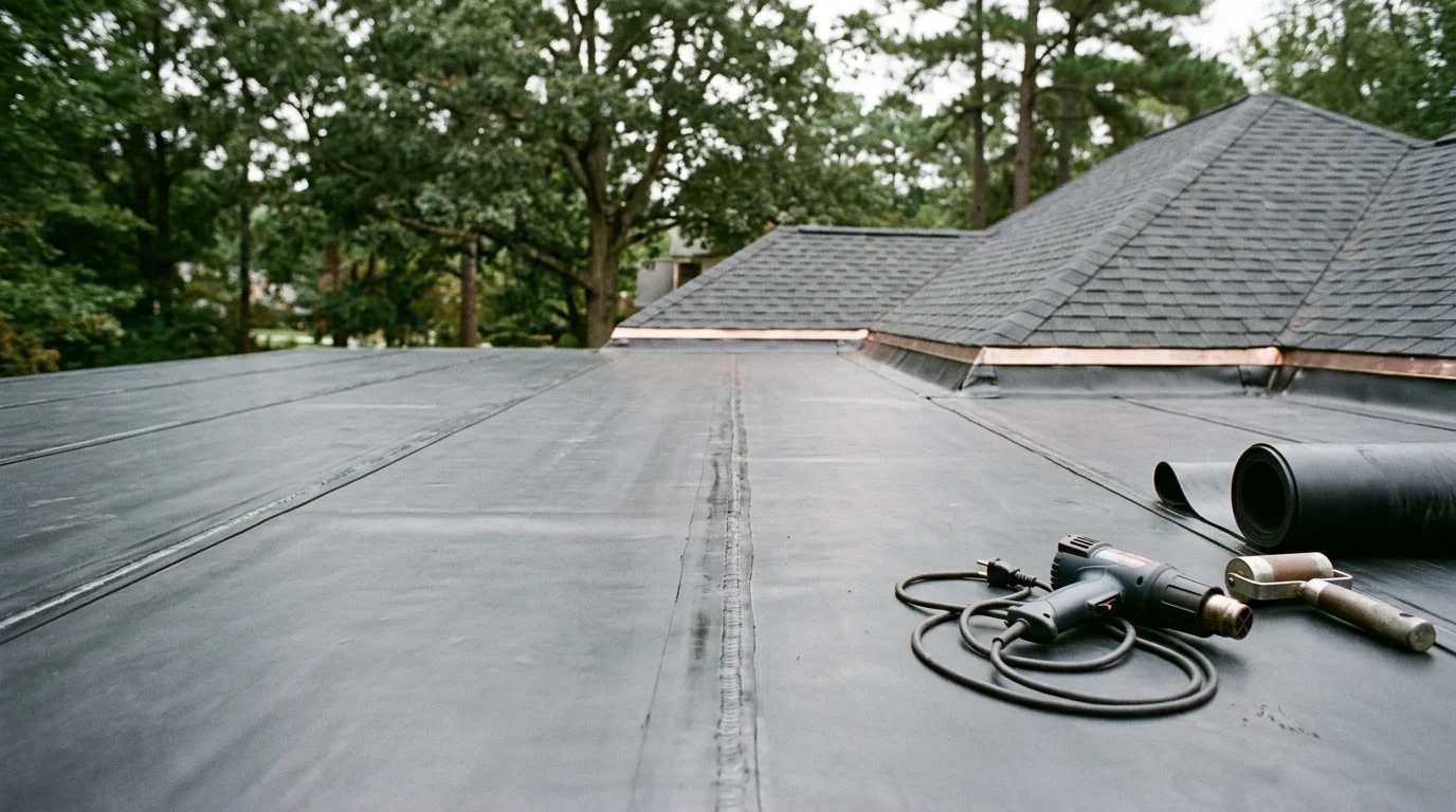 Close-up view of a fully adhered black EPDM rubber membrane installed on a flat residential roof section in Raleigh, NC. The smooth rubber surface covers the low-slope area evenly, with clean edge terminations visible along the roofline.