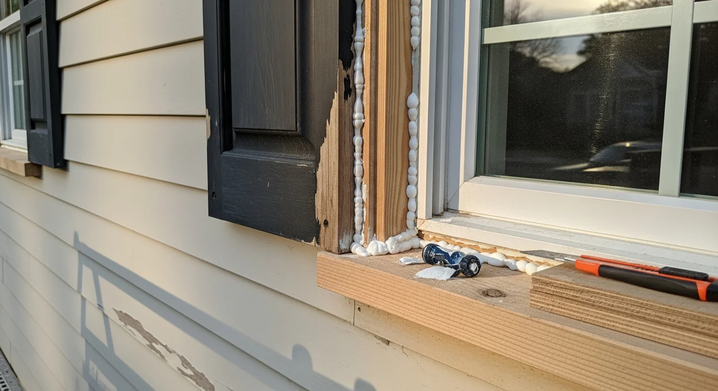 Close-up of repaired exterior window trim on a Raleigh, NC home, showing clean caulk lines and smooth painted surfaces where rotted wood sections were replaced. The finished trim sits flush against the siding with no visible gaps or staining.