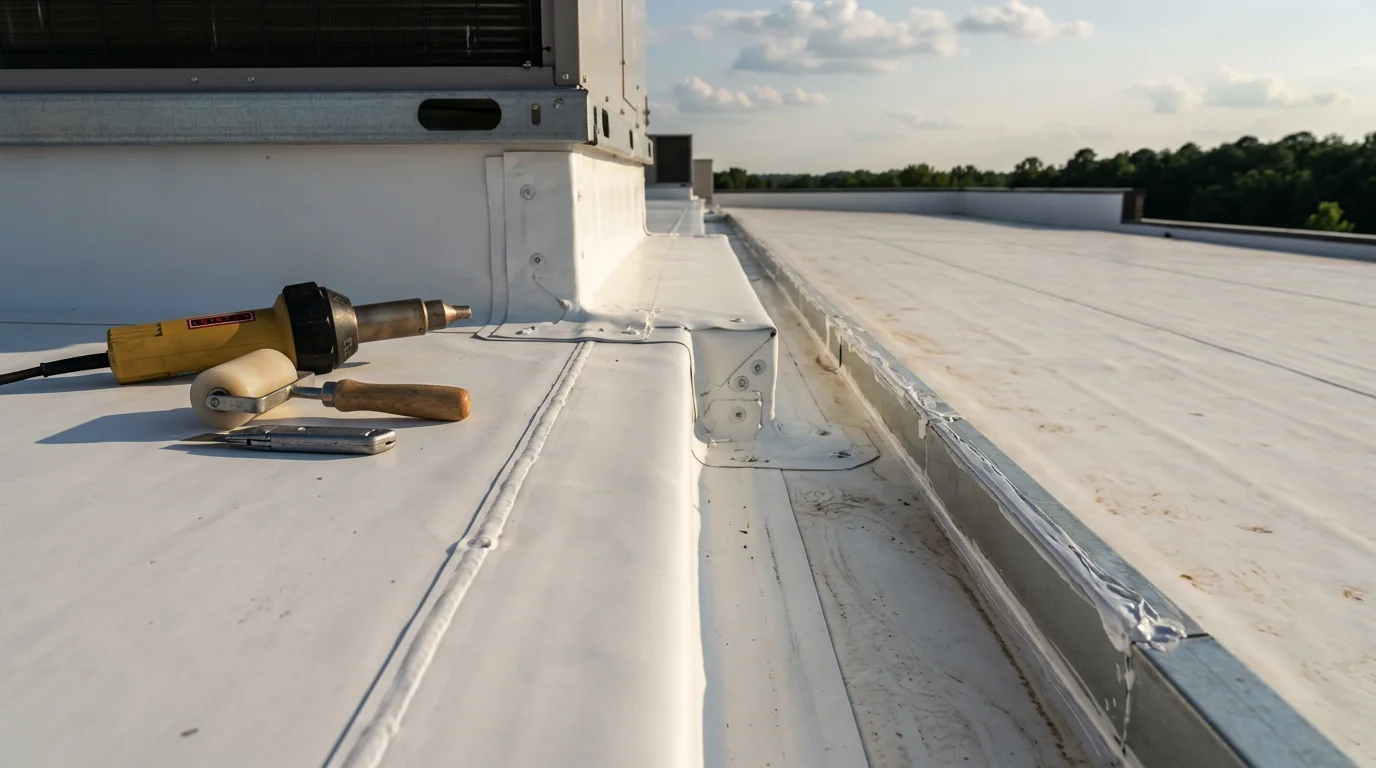 A flat roof membrane on a residential home in Raleigh, NC, showing clean seams and a drain detail after a professional installation. The Triangle skyline and tree canopy are visible in the background.