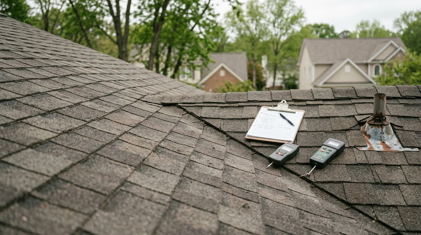 A roofing contractor from Roof Puppy LLC inspecting shingles and flashing on a residential roof in Raleigh, NC. The inspection covers ridge caps, roof valleys, and vent areas typical of Triangle-area homes.