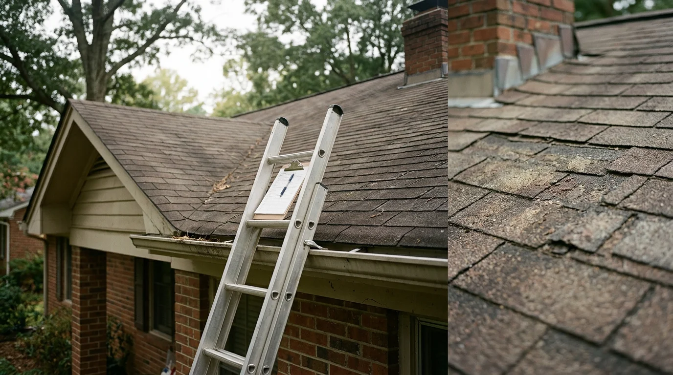 A Roof Puppy LLC contractor inspecting a residential roof in Raleigh, NC, examining shingles and flashing on a single-family home in the Triangle area.