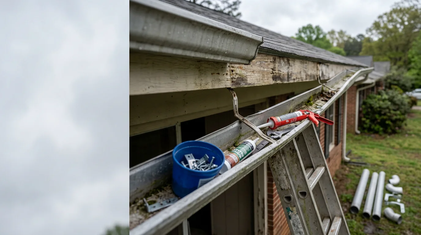 A repaired residential gutter system on a Raleigh, NC home, showing a properly aligned section reattached to the fascia with downspout directing water away from the foundation. Close view of sealed joint and secure fasteners along the roofline.