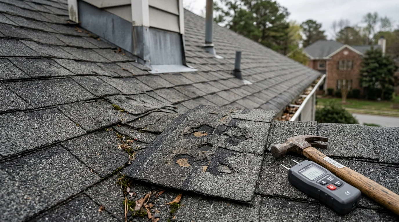 Close-up view of asphalt shingles on a Raleigh, NC home showing circular hail impact marks and granule loss after a Triangle-area storm. A roofing contractor inspects the damaged section from the roof surface.