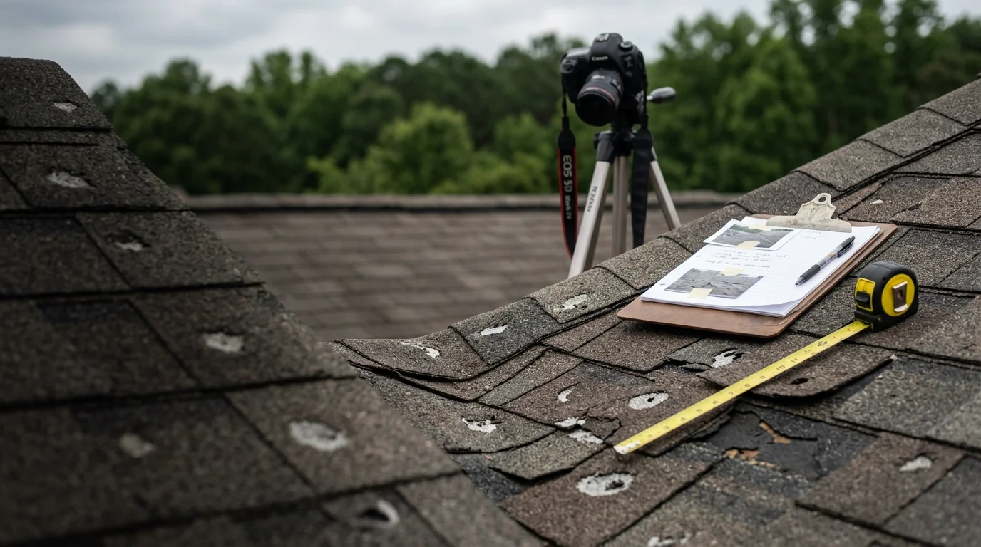 A roofing contractor and insurance adjuster reviewing hail and wind damage on a residential roof in the Raleigh, NC area. Close-up of damaged shingles with granule loss and lifted edges visible on a Triangle-area home after a severe storm.