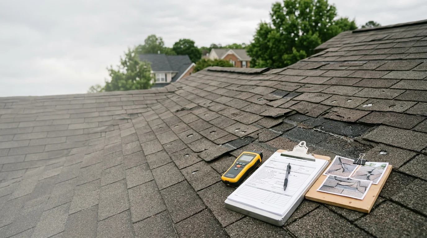 A roofing contractor inspecting storm-damaged shingles on a residential roof in Raleigh, NC, photographing hail impact marks and granule loss for an insurance claim report.