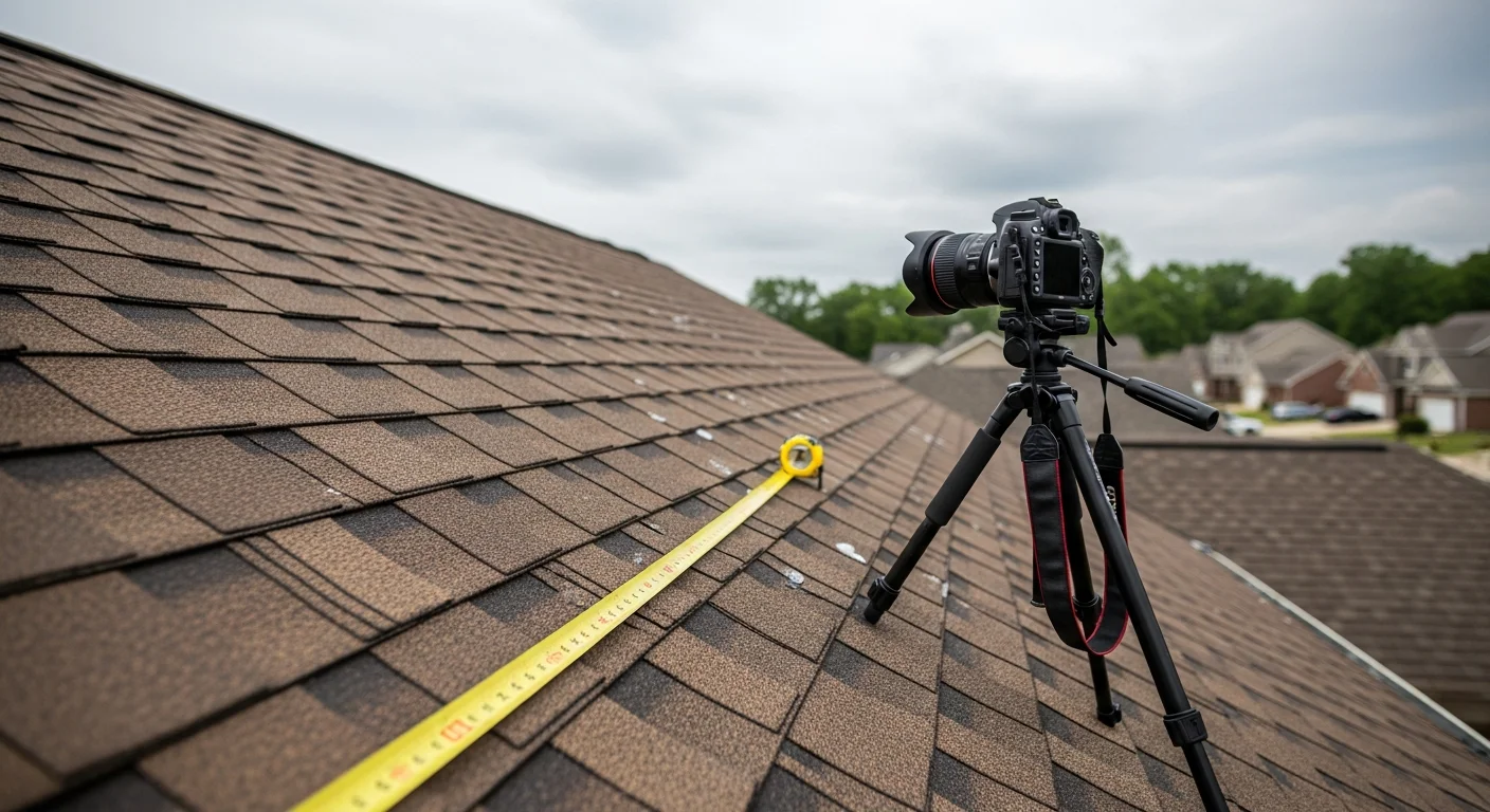 A Roof Puppy LLC crew member inspecting hail and wind damage on a residential roof in Raleigh, NC. Close-up view shows impact marks on shingles and damaged flashing being documented for an insurance claim.