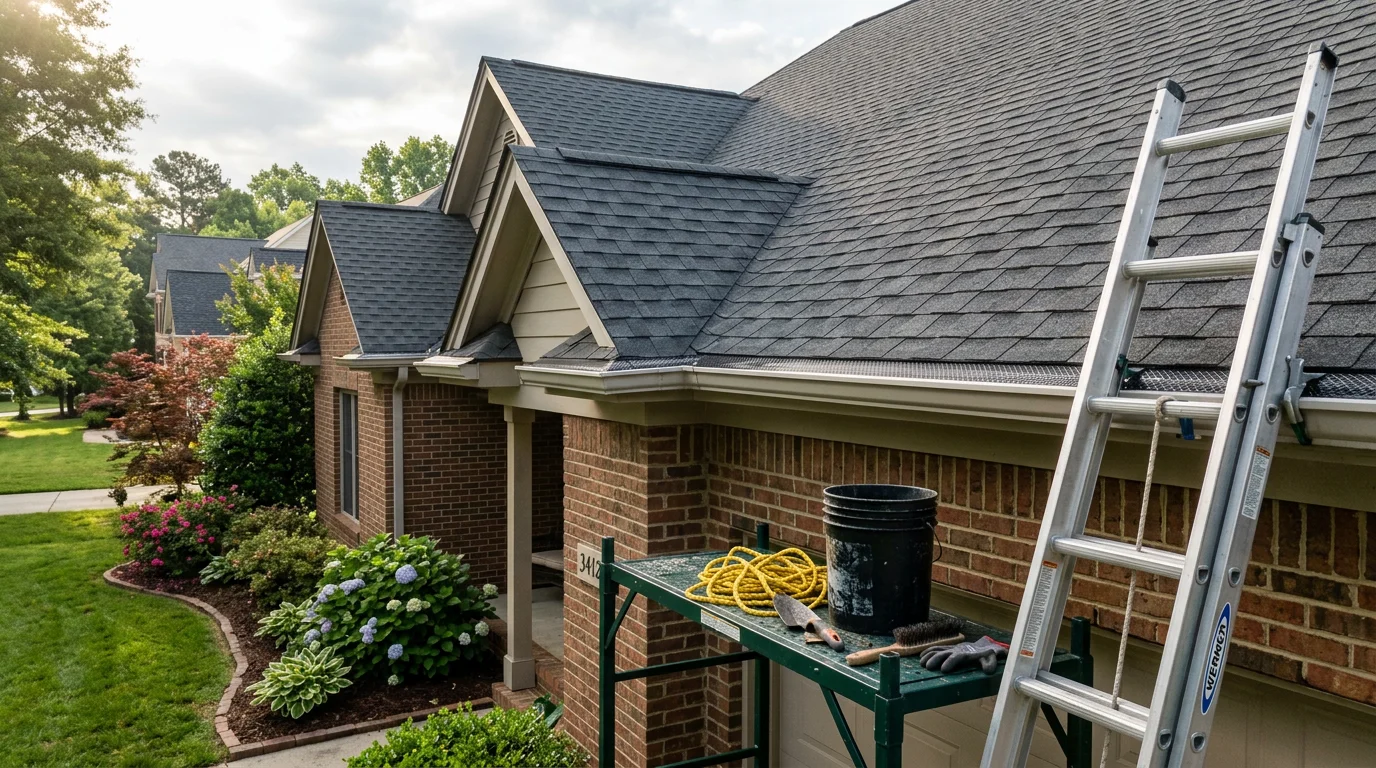 A well-maintained residential lawn and landscaped garden beds at a Raleigh, NC home. Neatly edged turf and fresh mulch surround established shrubs typical of Triangle-area properties.