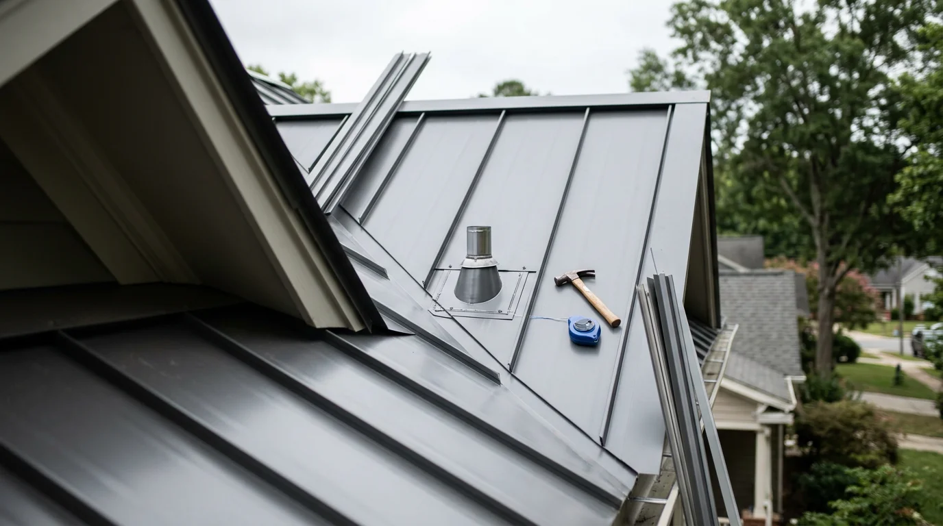 Completed metal roof installation on a residential home in Raleigh, NC, showing clean panel lines and finished ridge detail. The surrounding tree canopy and traditional neighborhood setting reflect the Triangle's typical residential landscape.
