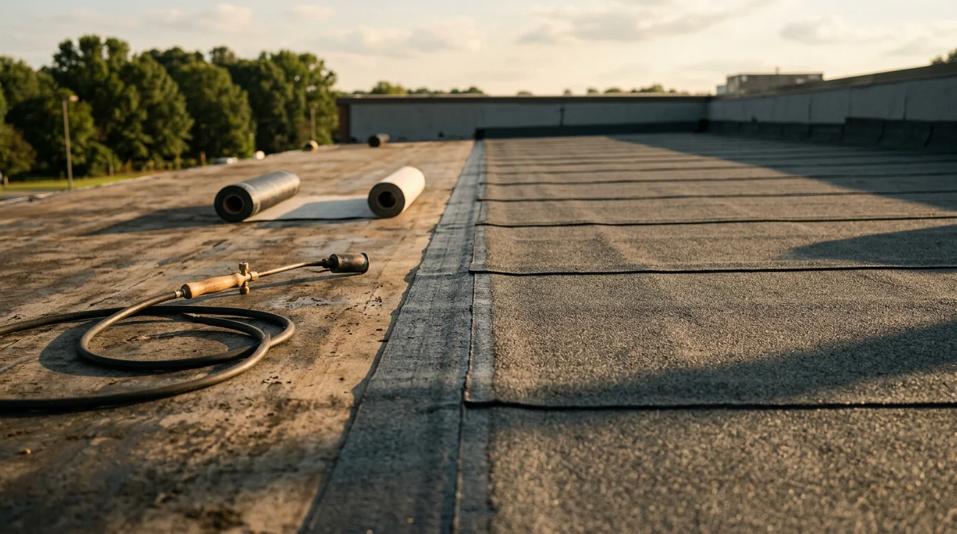 Close-up view of a modified bitumen roofing membrane installed on a flat commercial roof in Raleigh, NC, showing the granulated cap sheet surface and sealed seams. A low-slope roofline is visible in the background against a clear Carolina sky.