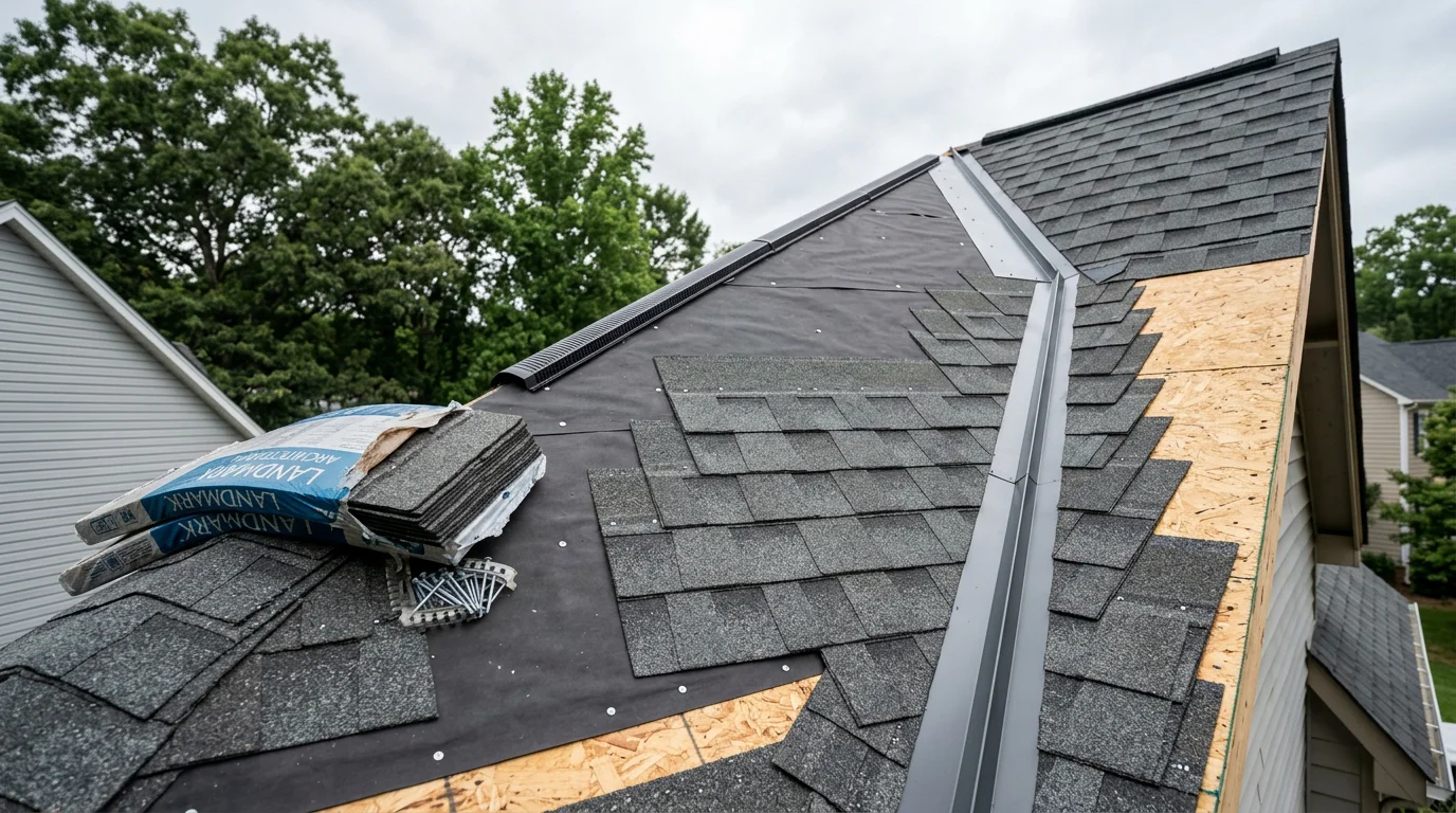 A newly installed residential roof on a single-family home in Raleigh, NC, showing clean shingle lines, finished ridge cap, and properly sealed flashing around roof penetrations. The surrounding neighborhood reflects the mature tree cover and suburban character common across the Triangle area.