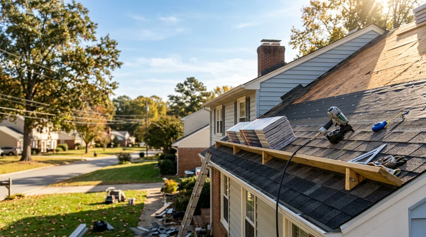 A newly installed residential roof on a suburban home in Raleigh, NC, showing clean shingle lines and finished ridge cap against a blue sky. The home sits in a typical Triangle-area neighborhood with mature trees visible in the background.