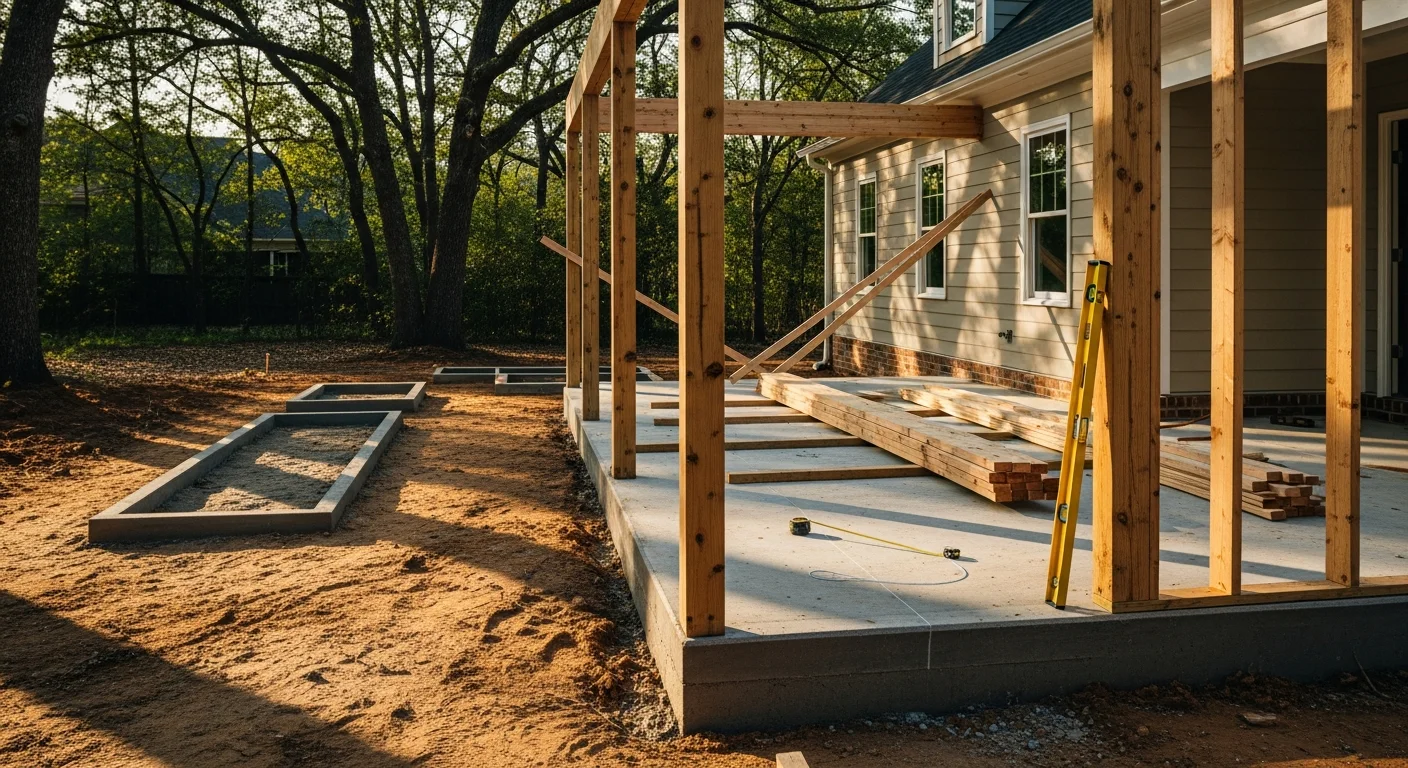 A newly installed screened-in porch on the back of a single-family home in Raleigh, NC, with a covered roof, wood-framed screen panels, and a clean concrete footing visible at the base. The surrounding yard shows mature trees typical of established Raleigh neighborhoods.