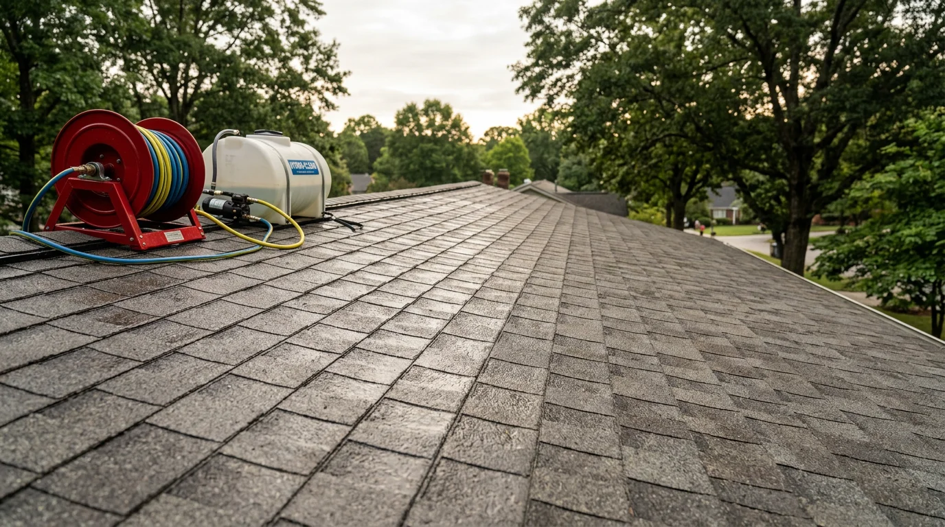 A residential asphalt shingle roof in Raleigh, NC shown after soft wash cleaning, with black algae streaks and moss growth removed from the surface. The cleaned roof sits beneath mature trees typical of Triangle-area neighborhoods.