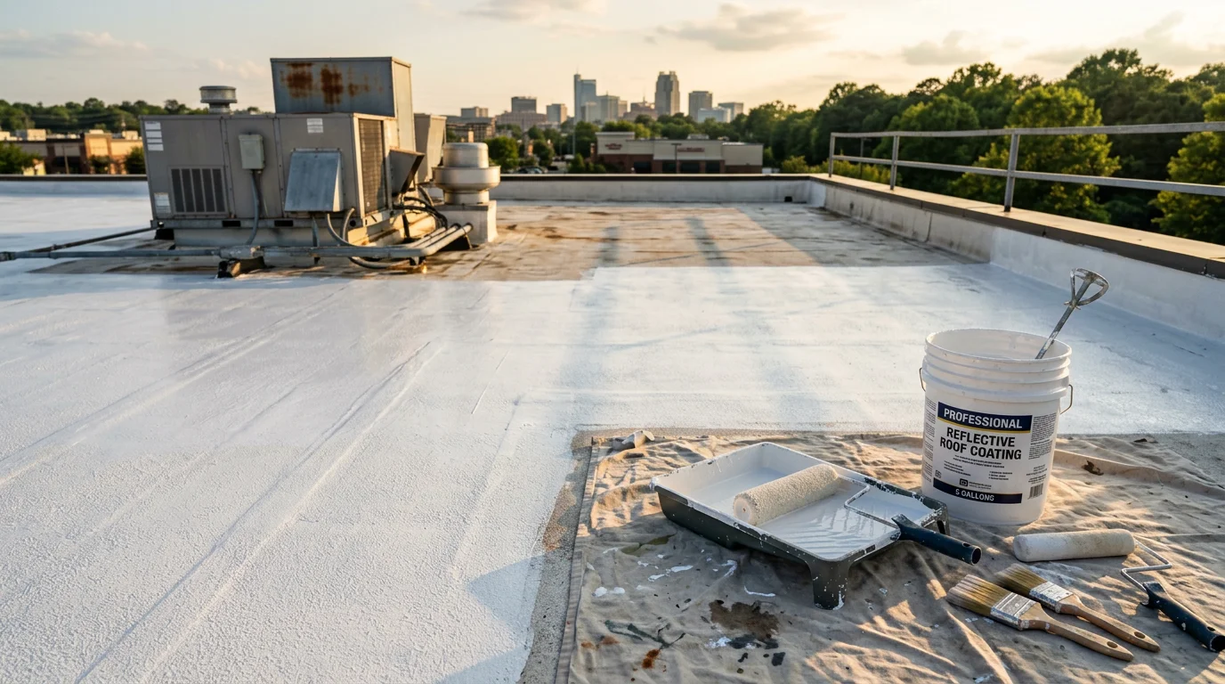 A flat residential roof in Raleigh, NC with a freshly applied protective coating covering the full surface. The coating shows a clean, uniform finish suited to the home's low-slope roofline.
