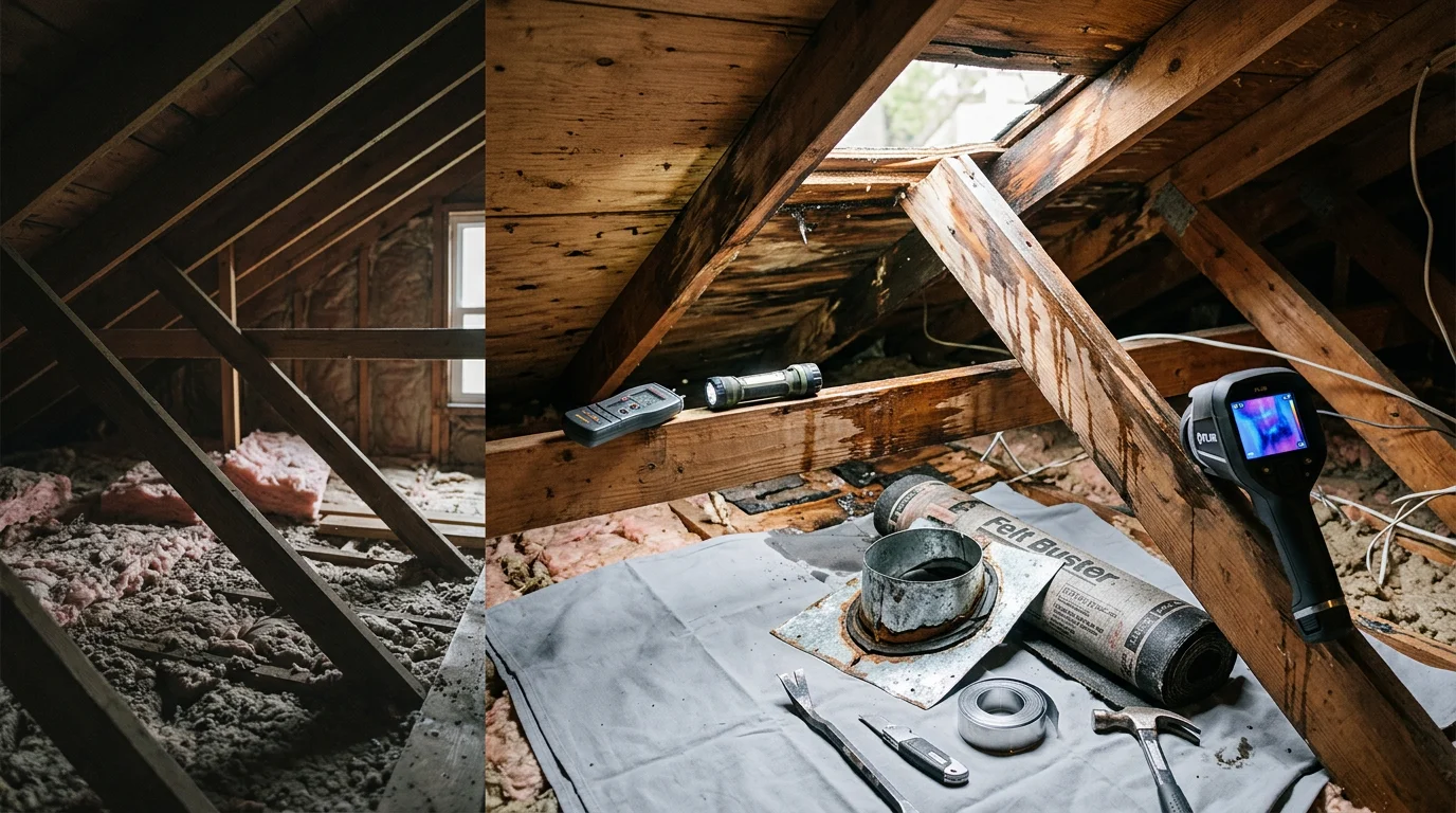 A roofing contractor inspecting damaged flashing and shingles on a residential roof in Raleigh, NC after a storm. Close-up view shows the repair area with lifted shingles and exposed underlayment near a roof valley.