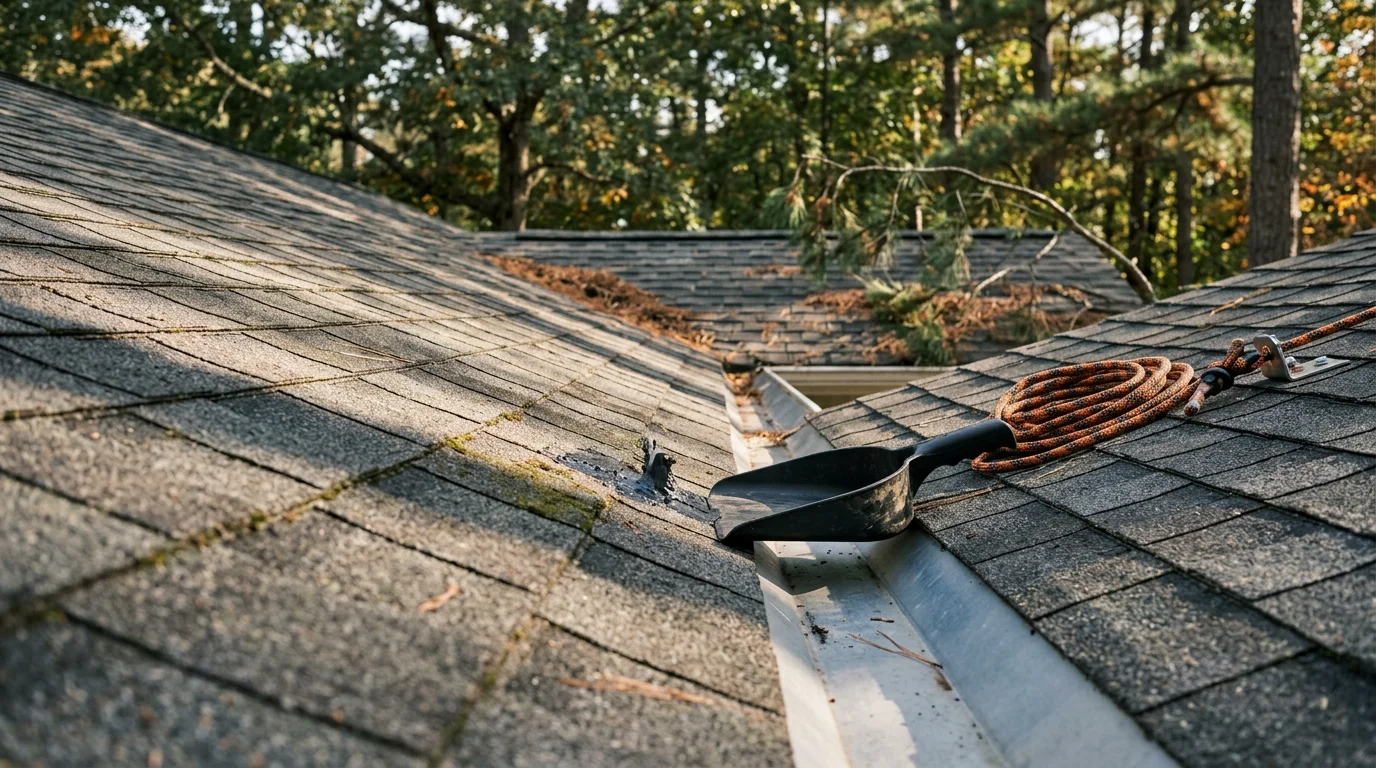 A roofing contractor inspecting shingles and flashing on a residential home in Raleigh, NC. The roof shows typical Triangle-area wear including debris in the valleys and weathered flashing around a roof vent.