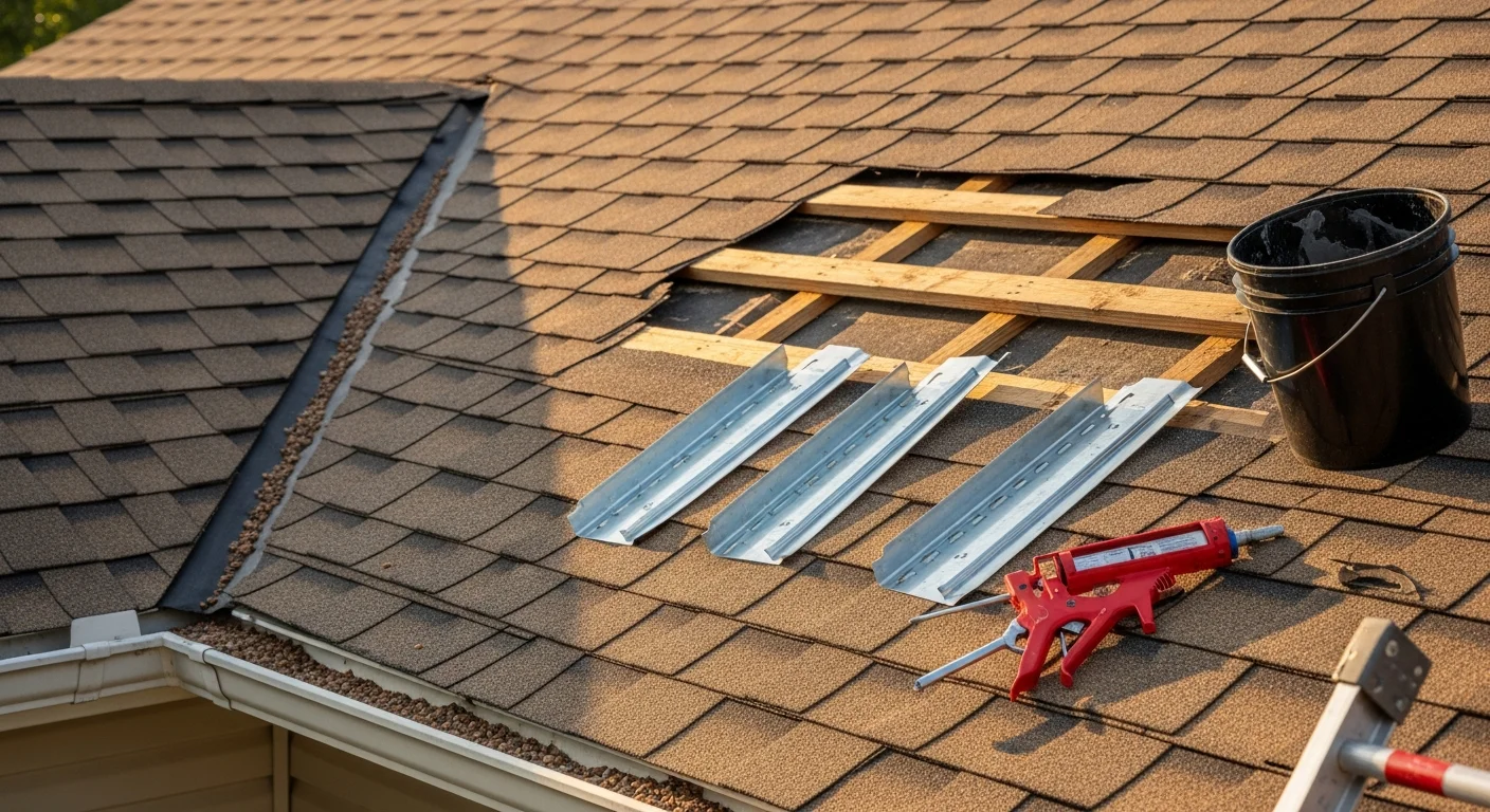 A Roof Puppy LLC crew member repairing damaged shingles on a residential roof in Raleigh, NC after storm damage. Close-up view shows replaced flashing and secured shingles on a steep-slope roof with a Raleigh neighborhood visible in the background.