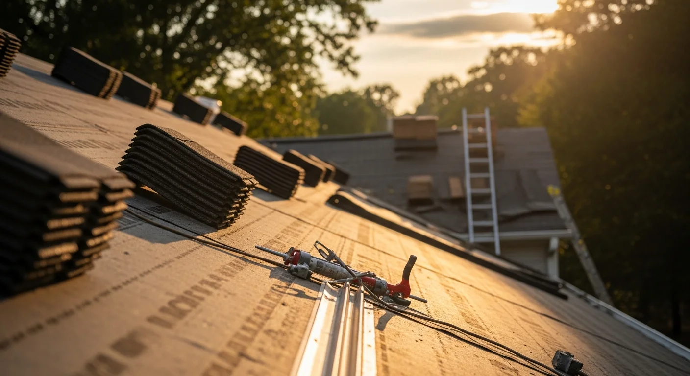 A completed residential roof replacement on a two-story home in Raleigh, NC, showing new roofing material, clean ridge lines, and replaced flashing around the chimney. The finished roof sits above a typical Wake County neighborhood streetscape.