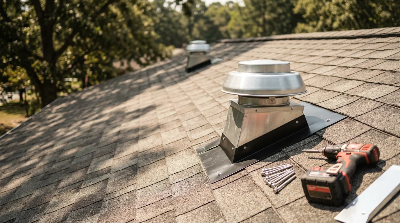 A roofing crew from Roof Puppy LLC installing ridge vents along the peak of a residential roof in Raleigh, NC. The image shows a completed vent run on a sloped shingle roof with a typical Triangle-area neighborhood visible in the background.
