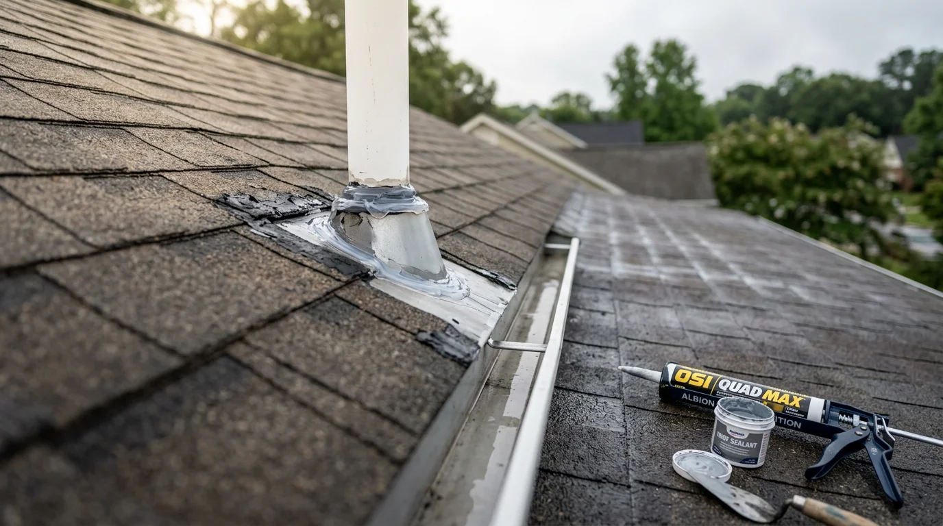 A roofing contractor applying waterproofing sealant along the flashing and seams of a residential roof in Raleigh, NC. The image shows close detail of the treated surface with a suburban Triangle-area neighborhood visible in the background.