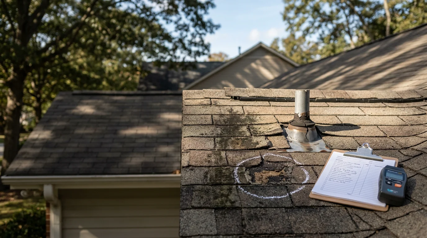 A roofing contractor from Roof Puppy LLC inspecting shingles and flashing on a residential roof in Raleigh, NC. The image shows a close-up view of the roof surface with the Triangle area suburban neighborhood visible in the background.