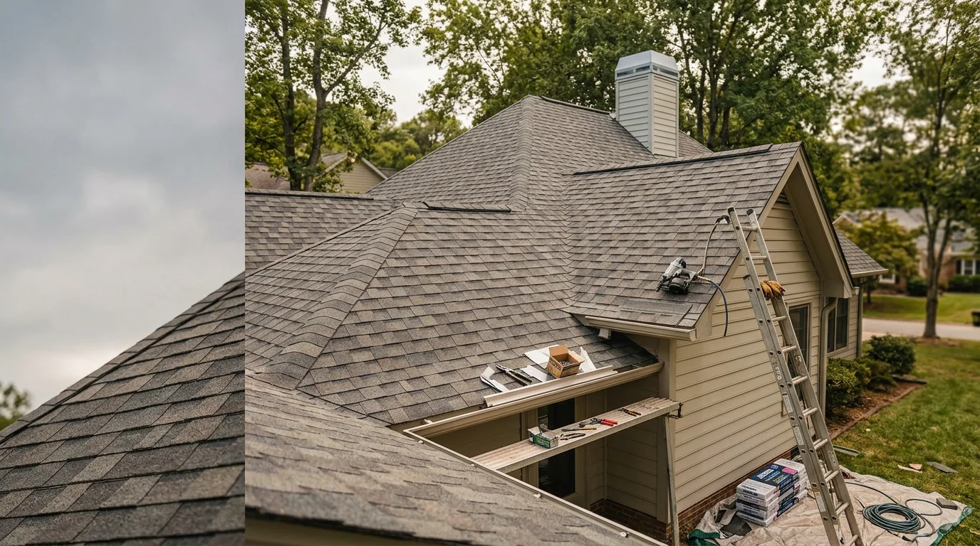 A completed residential roofing project on a single-family home in the Raleigh, NC area, showing a clean roofline with uniform shingles against a blue sky. The home reflects the style common across Triangle-area neighborhoods in Wake County.