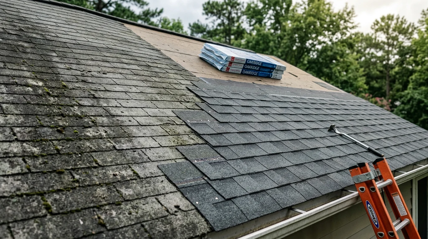 A residential home in Raleigh, NC with a freshly installed roof showing clean shingle lines and properly sealed flashing around the chimney. The surrounding tree canopy and suburban street reflect the typical Triangle-area neighborhood setting.
