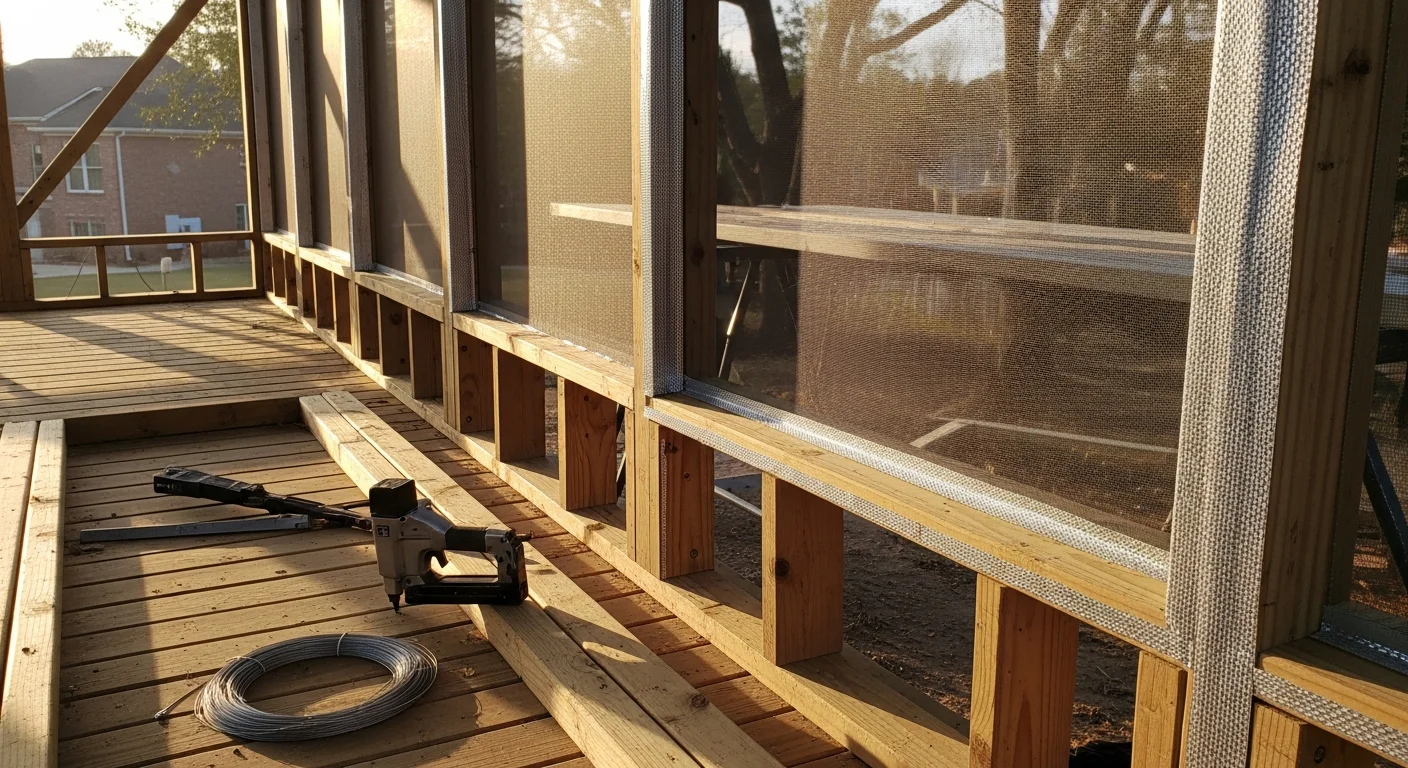 A newly built screened porch attached to a single-family home in Raleigh, NC, with wood framing, mesh screen panels, and a covered roof. The porch overlooks a backyard lawn and is furnished with outdoor seating.