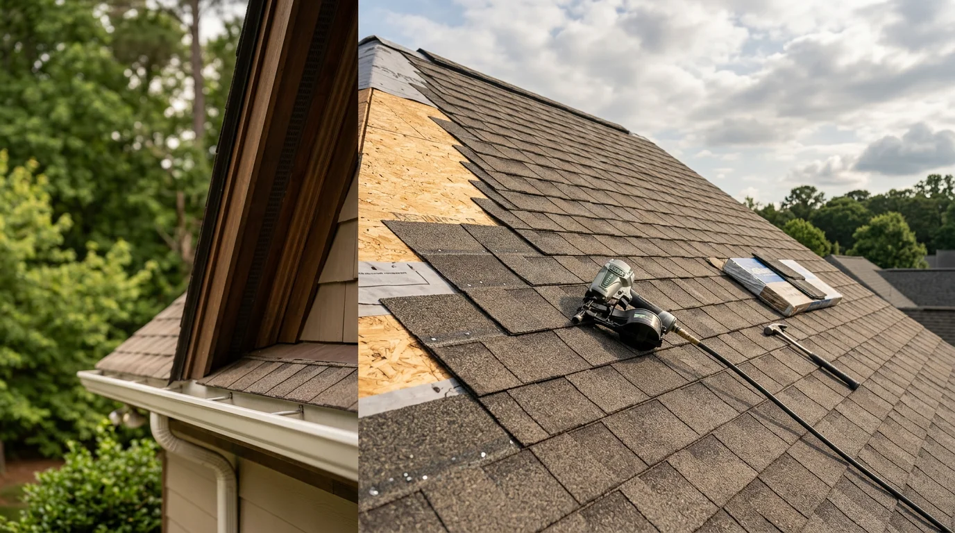 Newly installed asphalt shingles on a residential home in Raleigh, NC, with clean ridge lines and uniform color across the full roof slope. The surrounding tree canopy and suburban neighborhood setting reflect the typical Triangle-area home environment.