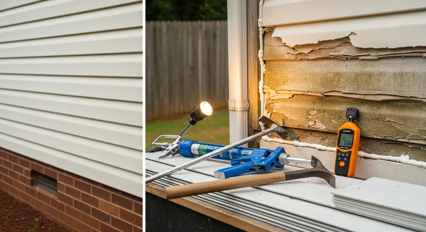 A Raleigh, NC home exterior showing freshly repaired siding panels along the front wall, with clean seams and no visible cracking or warping. The repair blends with the surrounding panels on a single-story residential property.