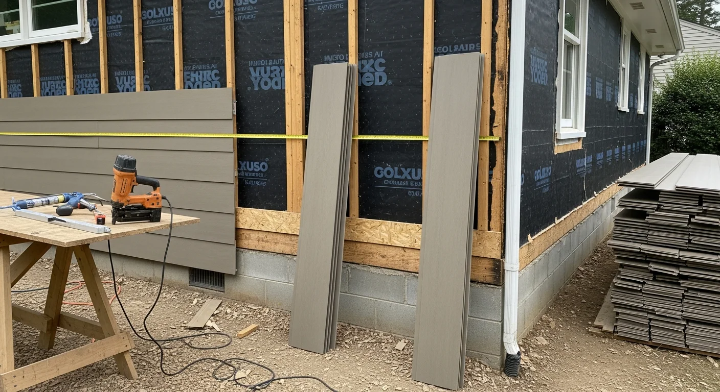 A Raleigh, NC home with freshly installed exterior siding, showing clean panel lines and a new moisture barrier visible at the corner trim. The completed replacement covers the full front elevation of a single-family home on a residential street.
