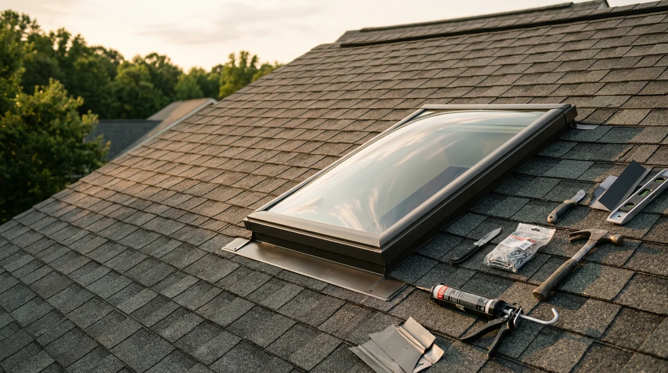 A newly installed skylight on an asphalt shingle roof in a Raleigh, NC residential neighborhood, showing clean flashing integration and natural light entering the room below. The surrounding roofline is intact with no visible gaps or lifted shingles around the skylight frame.