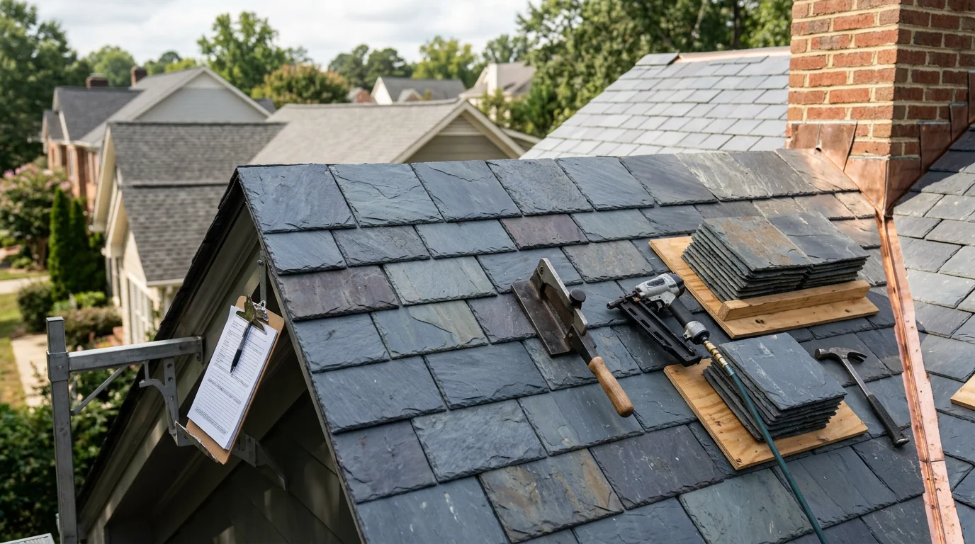 A steep-pitch slate roof on a residential home in Raleigh, NC, showing natural stone tiles in a dark gray pattern with clean ridge lines and intact flashing. Close view highlights the texture and layering of individual slate tiles on a Triangle-area home.