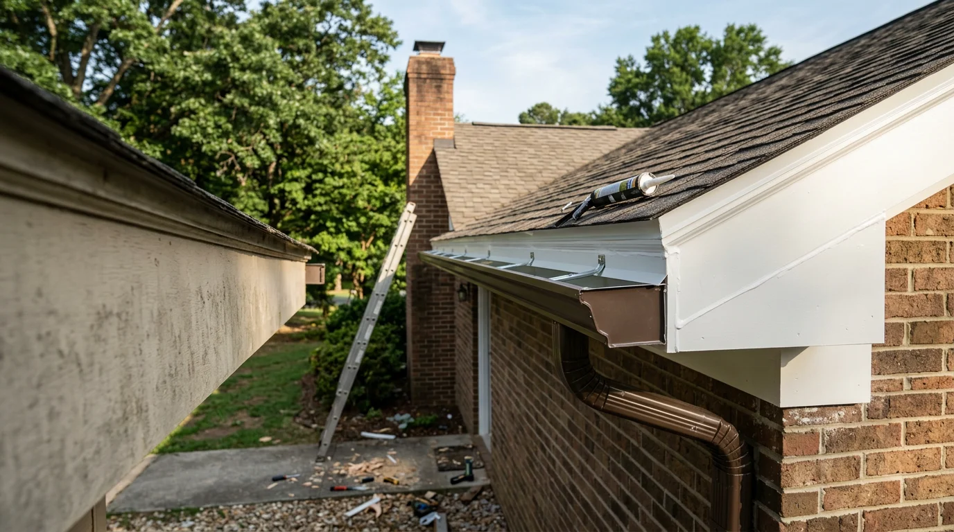 Close-up view of a repaired roofline on a residential home in Raleigh, NC, showing clean fascia boards and intact soffit panels along the eave. The finished repair shows no gaps, rot, or sagging where the gutters meet the roof edge.