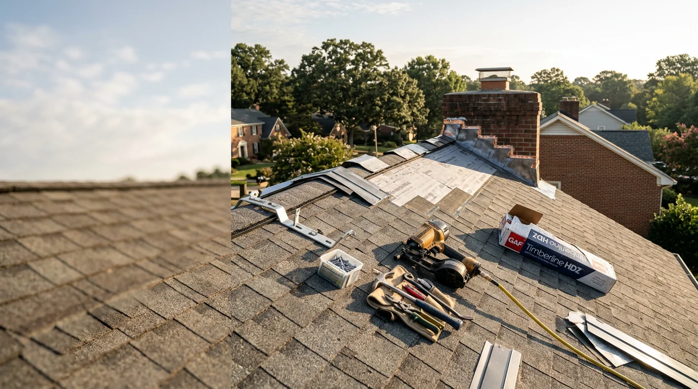 A completed residential roof on a Triangle-area home in Raleigh, NC, showing uniform shingles and clean flashing around roof valleys after professional specialized roofing work. The surrounding mature trees and traditional home style reflect the typical residential character of the Raleigh market.
