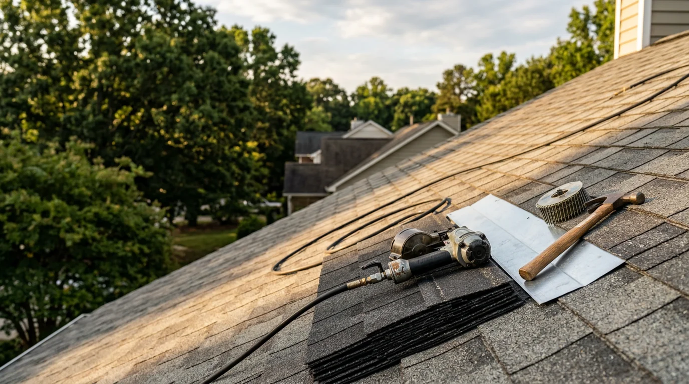 A completed residential roof on a Triangle-area home in Raleigh, NC, showing clean lines and properly installed roofing on a steep-slope structure surrounded by mature trees. A Roof Puppy LLC crew member inspects the finished work from the roofline against a clear Carolina sky.